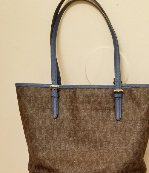 MICHAEL KORS JET SET BLUE/BROWN SIGNATURE TOTE EUC - Picture 3 of 8